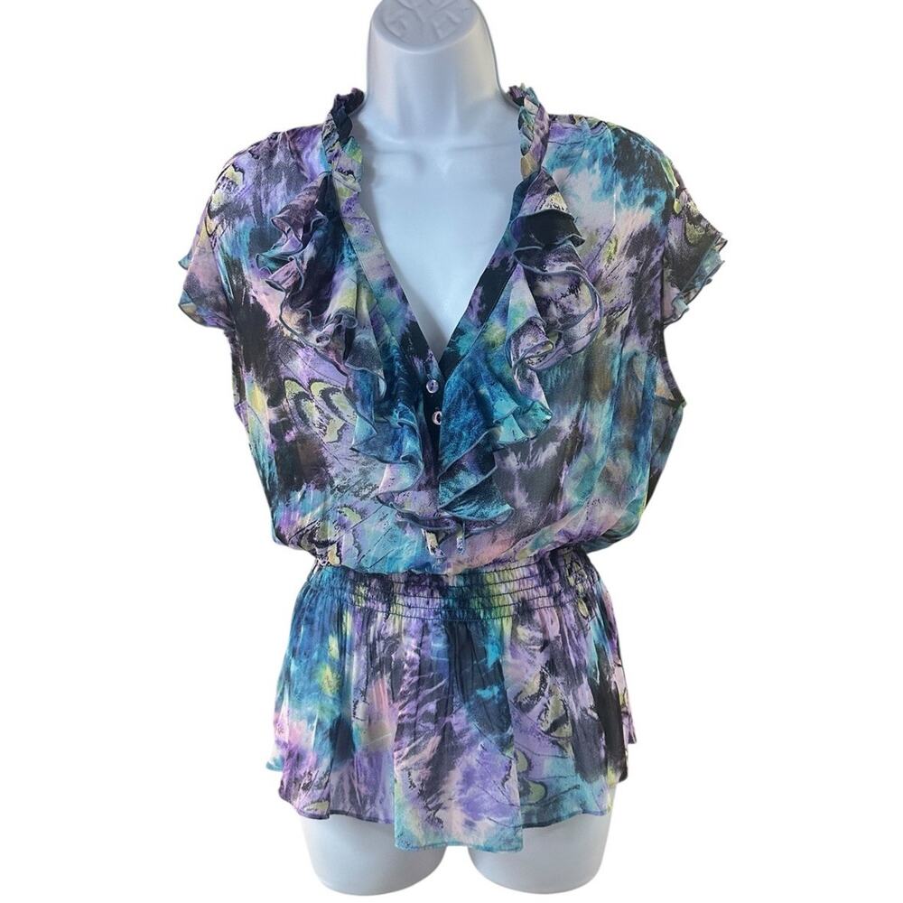 Vintage Caché Short Sleeve Ruffle Blouse Colorful Cottagecore 90s Y2K Top Large